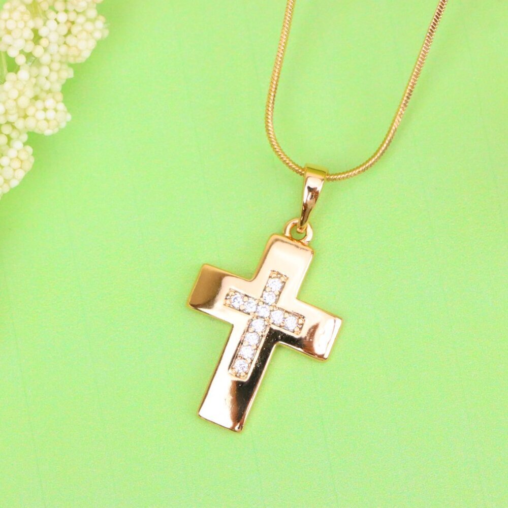 "Rose Gold Cross Pendant with Inset CZ Accents in Glossy Finish, XPPT1847 - Picture 11 of 13